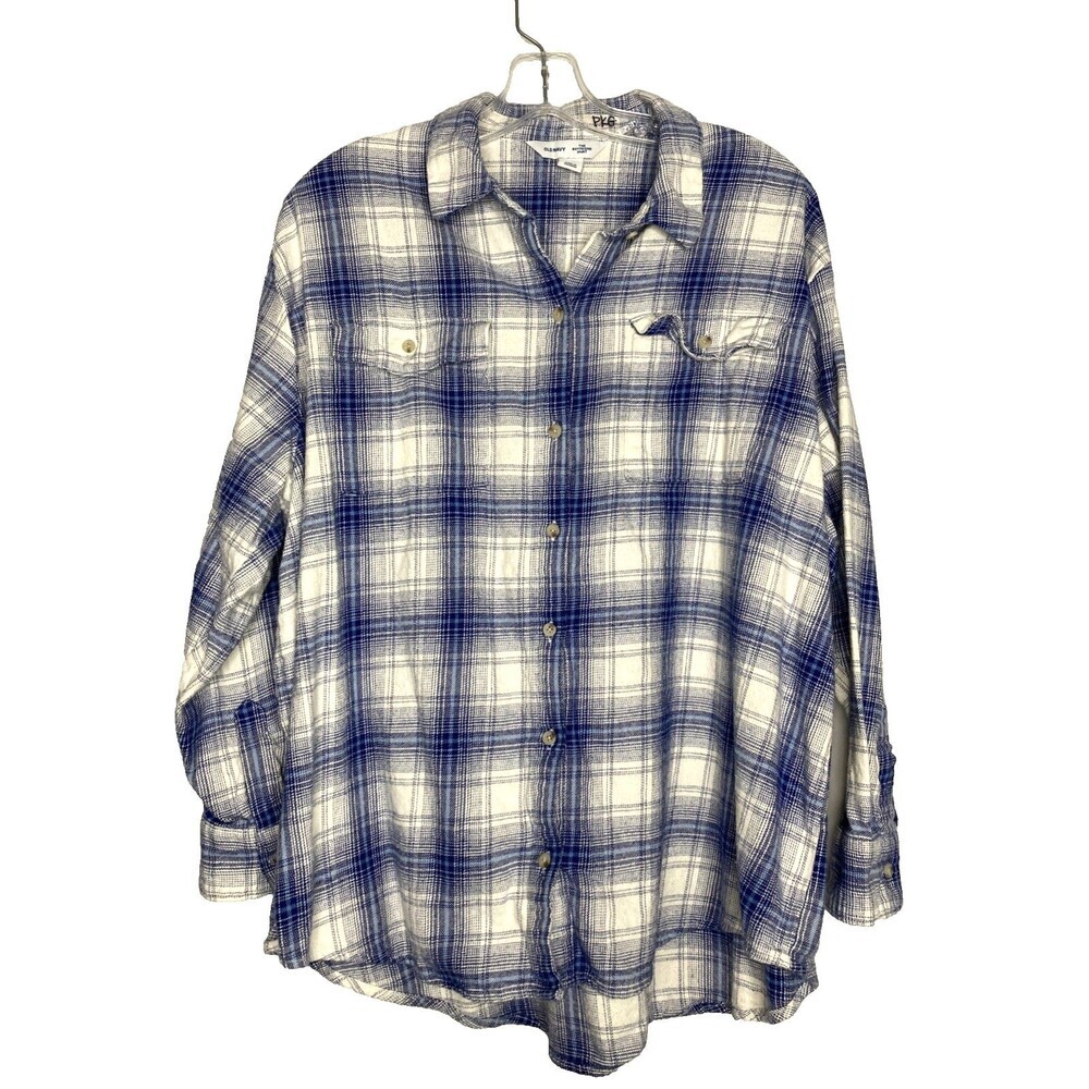 Old Navy Top Women Xl Button Front Collared The Boyfriend Shirt Blue Plaid